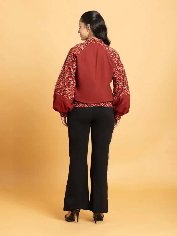 Maroon Ajrakh Printed Bomber Jacket for Women 6