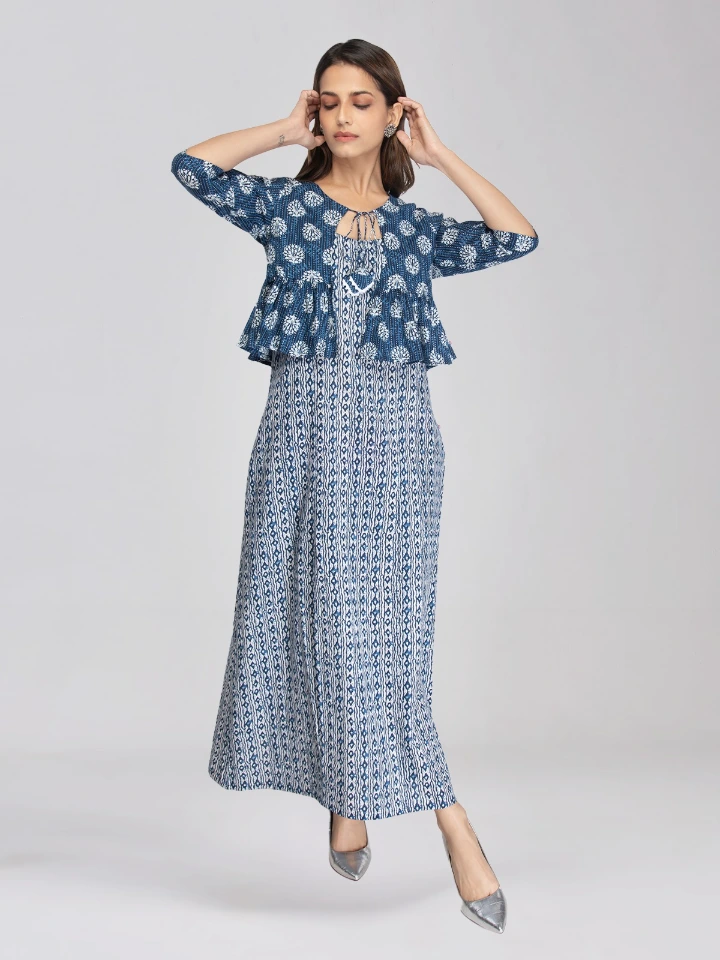 Blue Printed Side Slit Maxi Dress With Shrug
