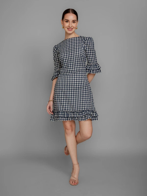 Blue Checked Cotton Formal Dress With Workwear Appeal 1