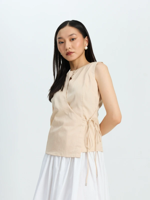 Beige Formal Sleeveless Wrap Top 1