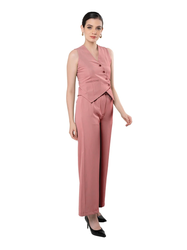 Peach Asymmetric Waistcoat With Flared Pant 2