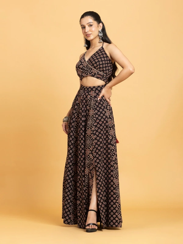 Black Ajrakh Wrap Halter Top & Flared Maxi Skirt Lehenga Set 5