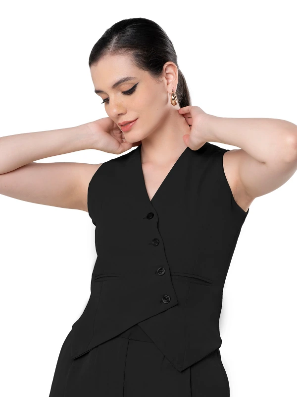 Black Asymmetric Waistcoat With Flared Pant Set t 5