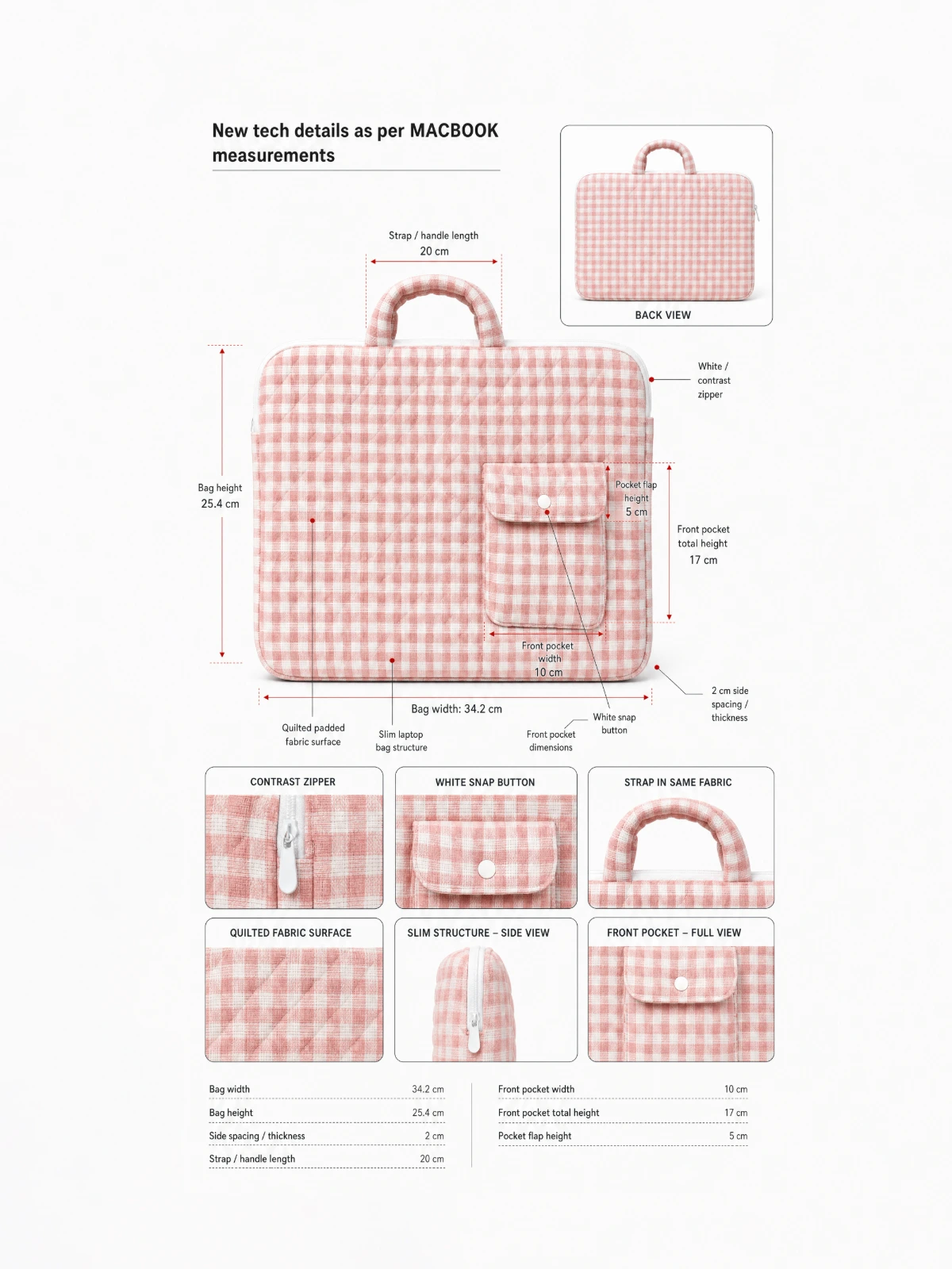 Light Pink Gingham Laptop Sleeve Bag With Utility Pocket for MacBook thumbnail 6