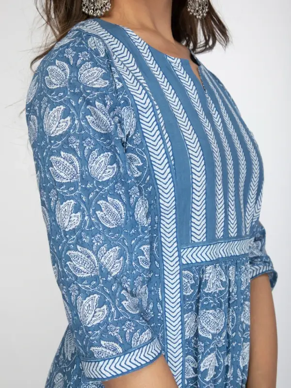 Blue Cotton Floral Kurta With Straight Pant Set 7