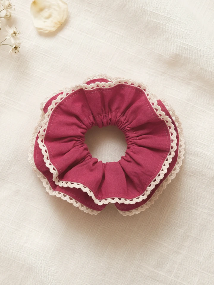 Pink Double Layer Scrunchie With Lace Trim