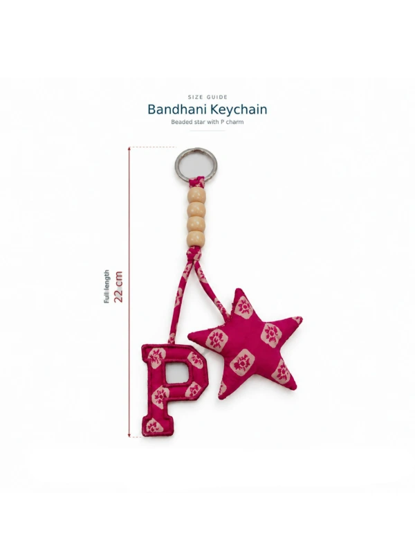 Pink Bandhani Customizable Letter Keychain With Tassel and Star Charm 3