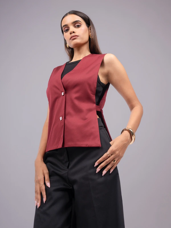 Maroon Formal V Neck Sleeveless Waistcoat 4