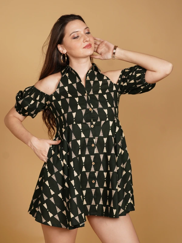 Green Printed Cotton Layered Mini Dress 6