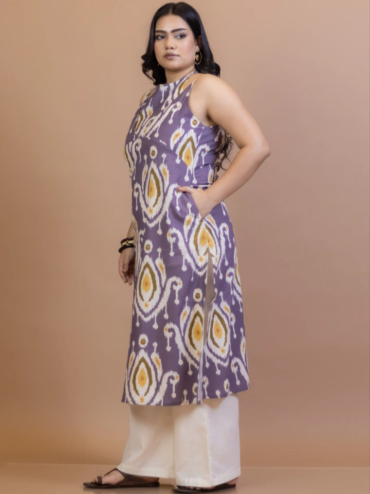Purple Ikat Cotton Apron Neck Straight Kurta
