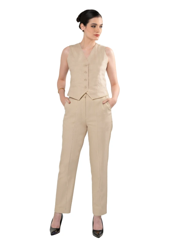 Beige Asymmetrical Waistcoat and Trouser Formal Co-ord Set Women 2