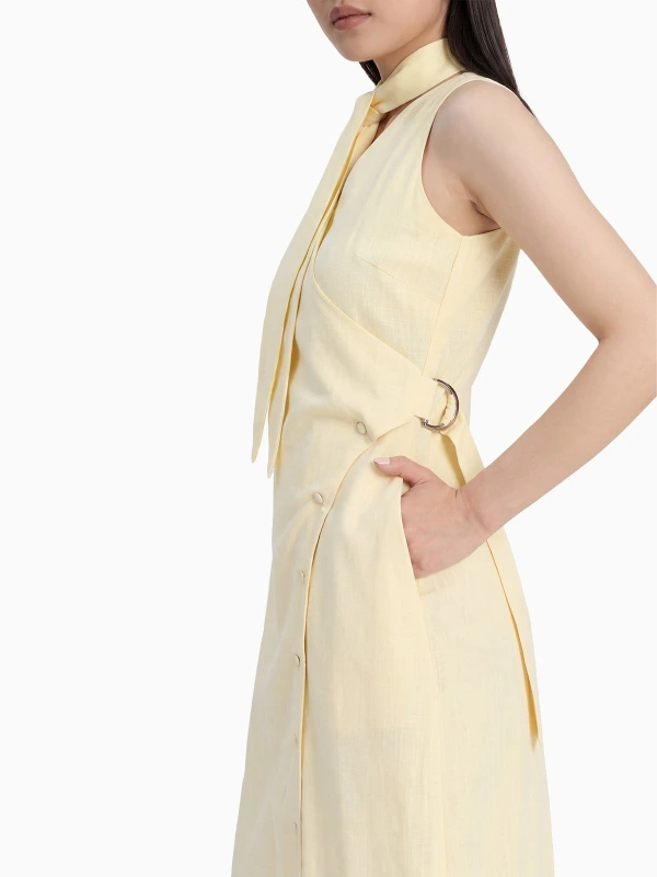 Yellow Straight Fit Formal Dress With Scarf Tie 6