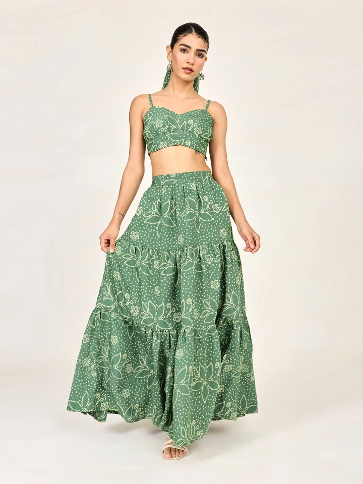 Green Bandhani Printed Crop Top & Tiered Prairie Skirt Co-Ord Set