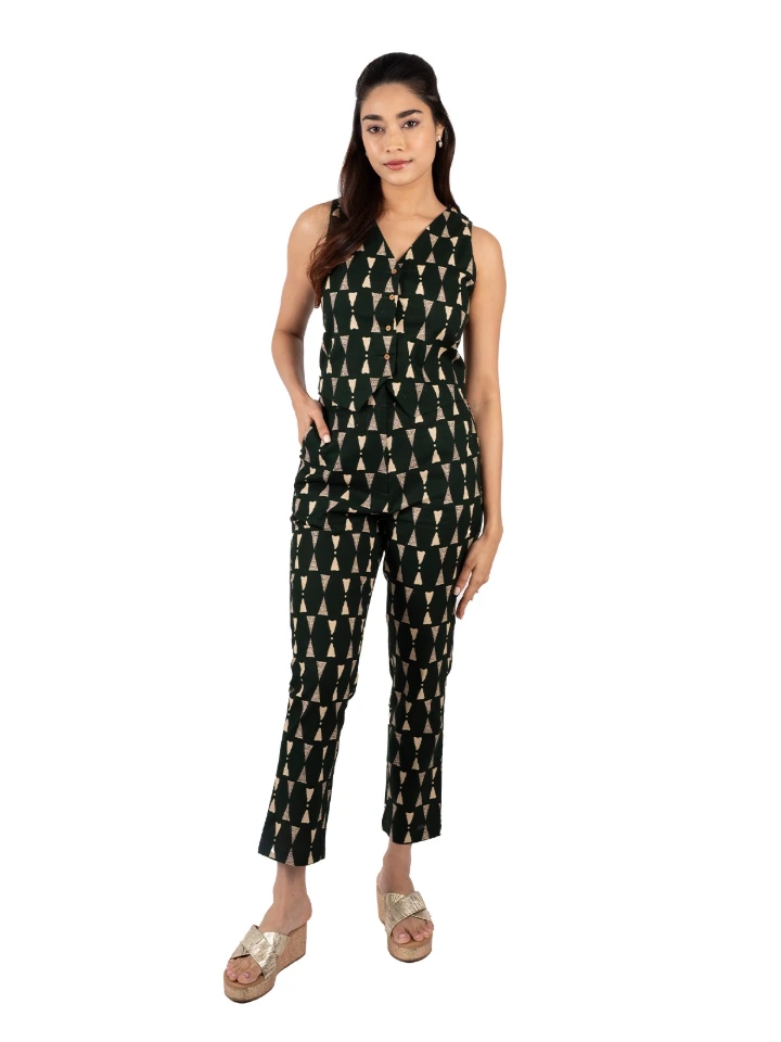 Green Printed Waistcoat & Trousers Cotton Co-ord Set