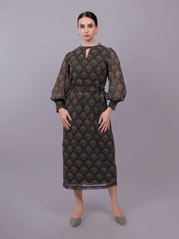 Black Formal Balloon Sleeve Long Straight-Fit Dress 1