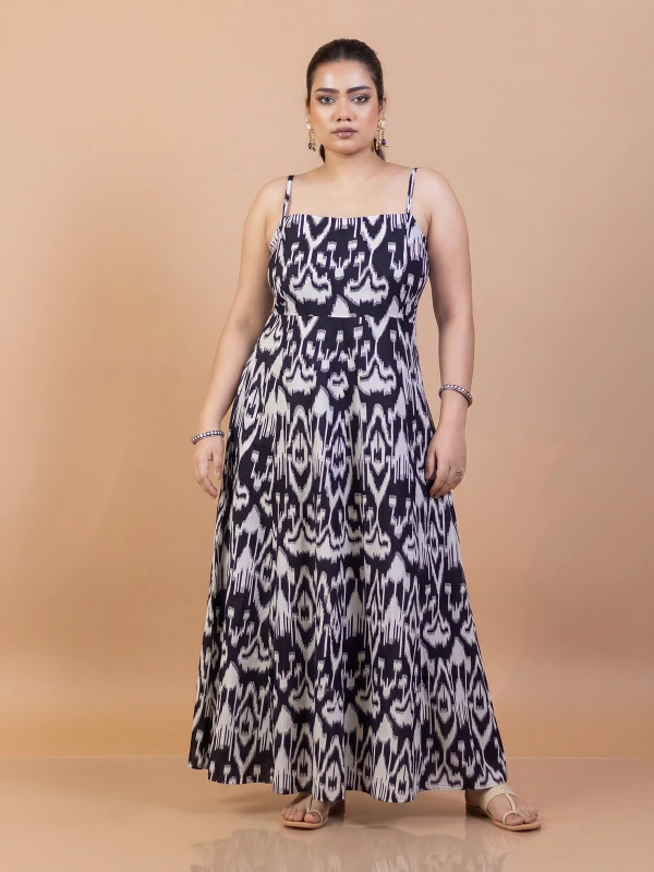 Black Ikat cotton fit and flare maxi dress 1