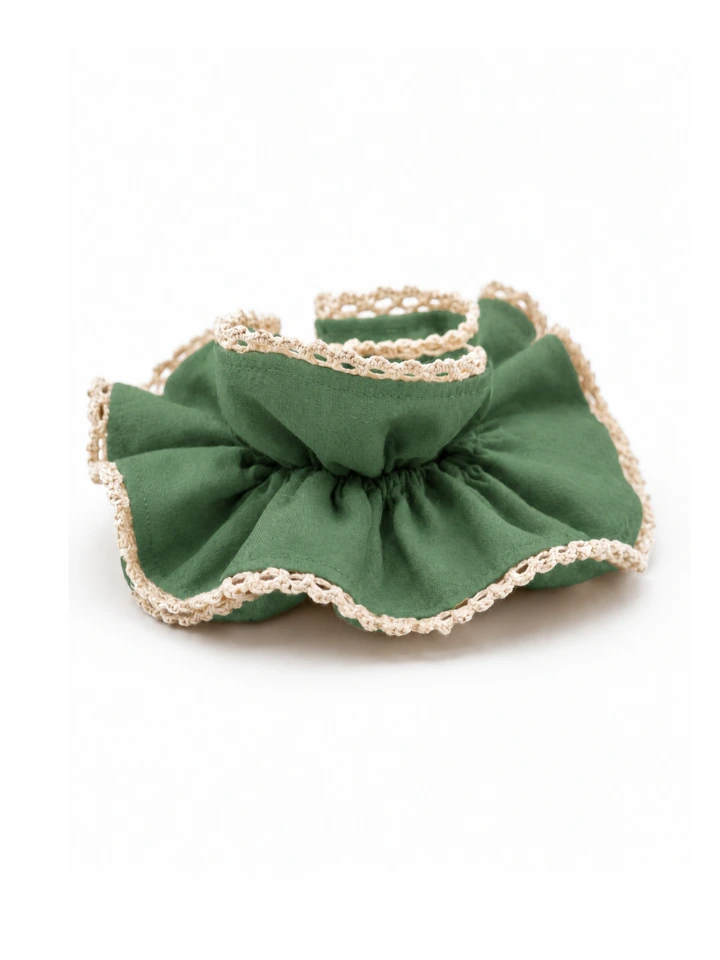 Green Double Layer Scrunchie With Lace Trim