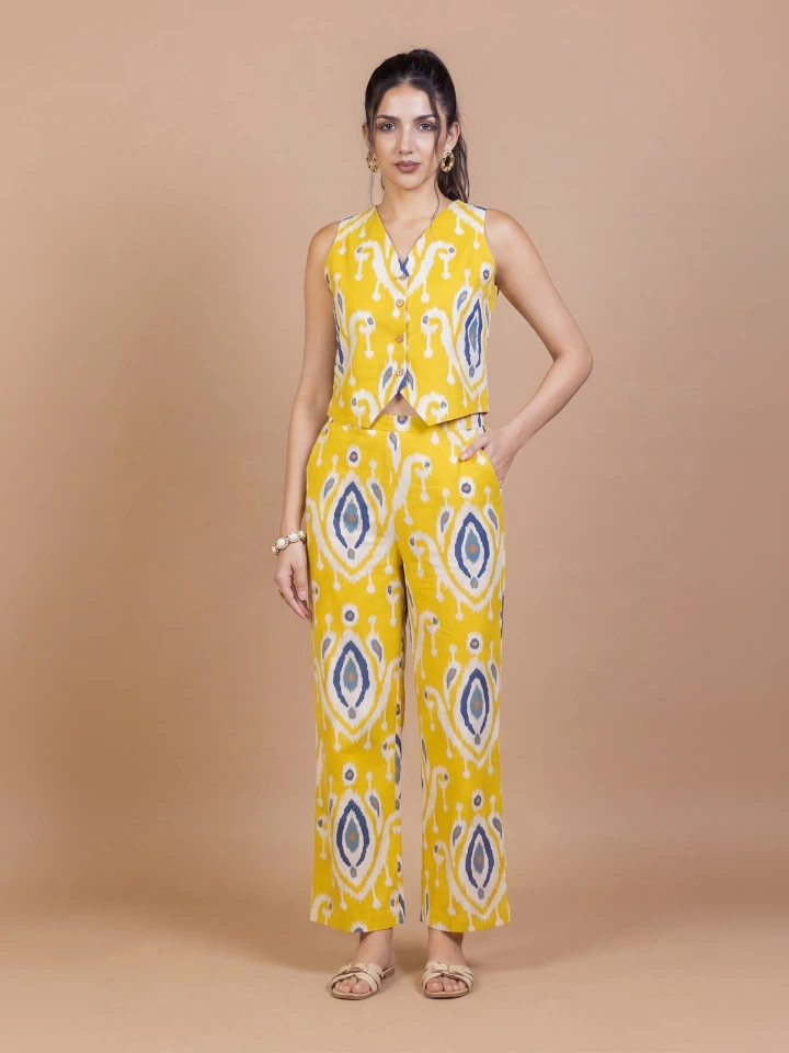 Yellow Ikat waistcoat pant cotton co-ord set