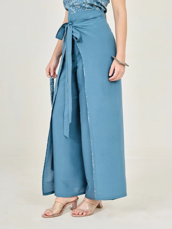 Blue Solid Front Tie Women's Wrap Pants 3