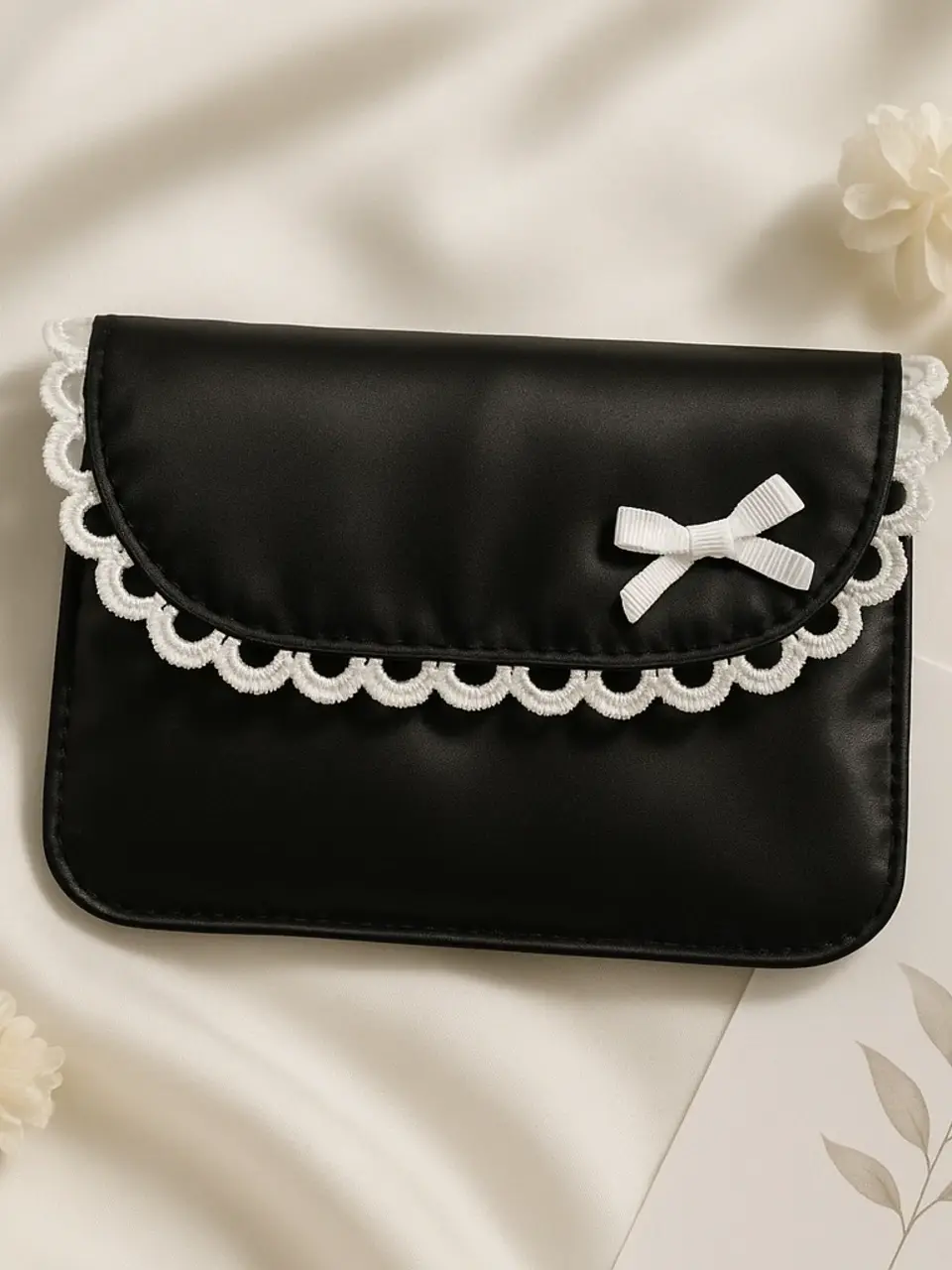Black Sanitary Pouch with Lace Embellishment