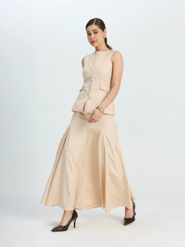 Beige Paneled Long Formal Skirt 2