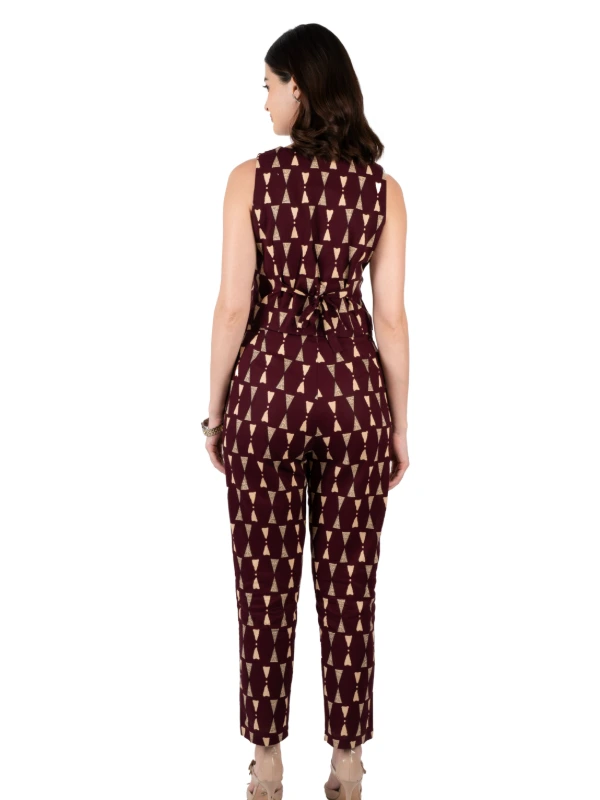 Maroon Printed Waistcoat And Trousers Cotton Co-Ords 3