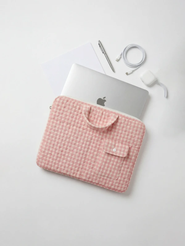 Light Pink Gingham Laptop Sleeve Bag With Utility Pocket for MacBook 3