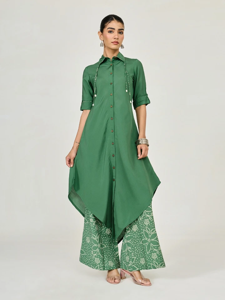 Green Asymmetric Kurta & Palazzo Set