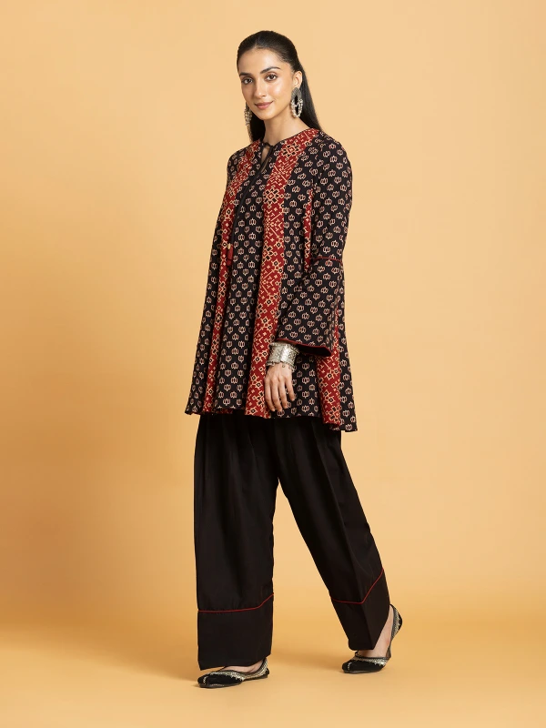 Multicolor Ajrakh Printed Flared Kurti With Farshi Kurta Set For Women 4