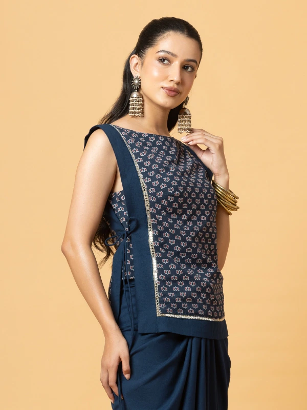 Navy Blue Ajrakh Lotus Print Apron Top & Drape Skirt Ethnic Co-ord Set 3