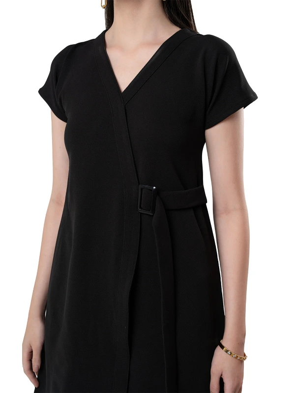 Black Cape Sleeve Dress With Paneled Belt Adjuster 4