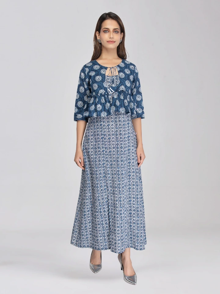 Blue Printed Side Slit Maxi Dress With Shrug