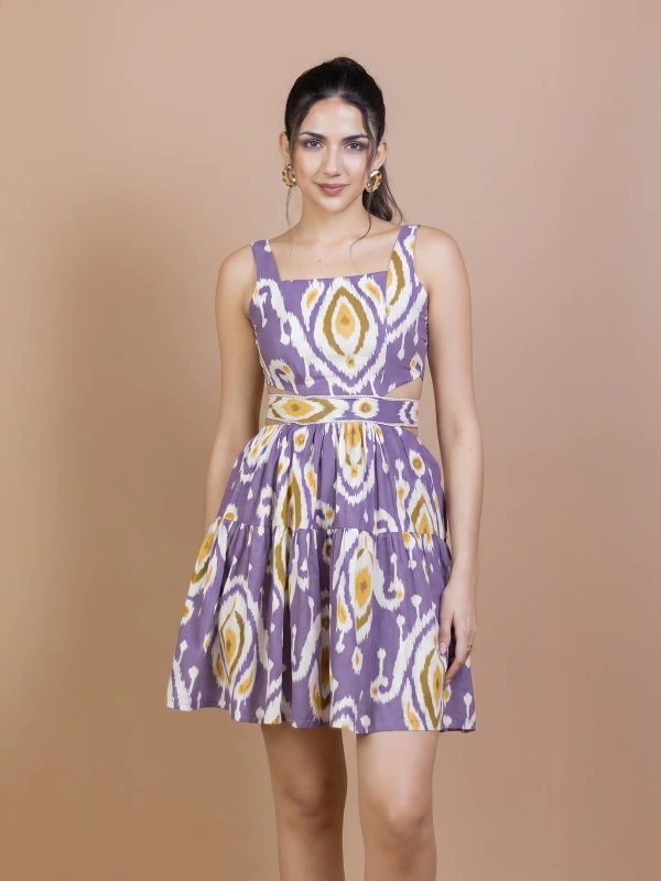 Purple Ikat Cotton Waist-Cut Mini Dress 1