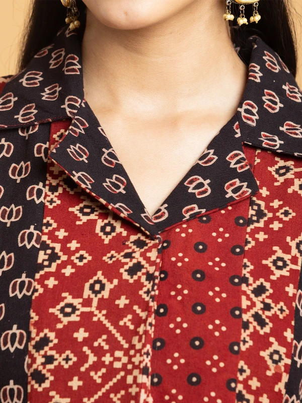 Multi Color Ajrakh Printed A-Line Panel Dress 5