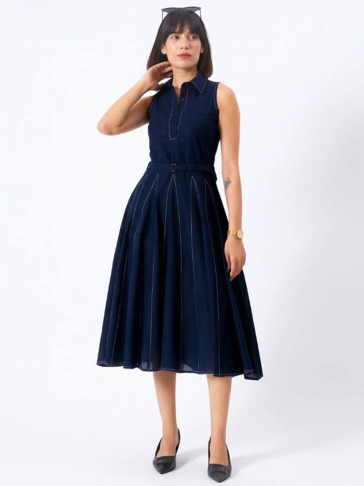 Blue Fit And Flare Dress With Detachable Waist Belt