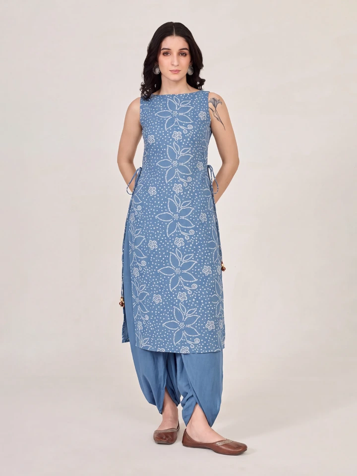 Blue Bandhani Printed Long Kurta