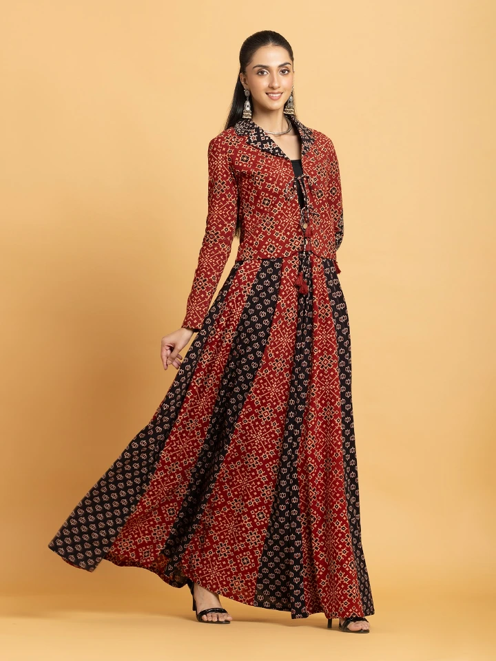 Multicolor Ajrakh Cropped Jacket & Flared Skirt Ethnic Co-Ord Set