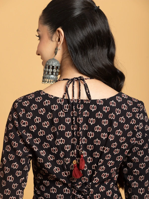 Black Ajrakh Printed Halter Tie-Up Short Kurti 5