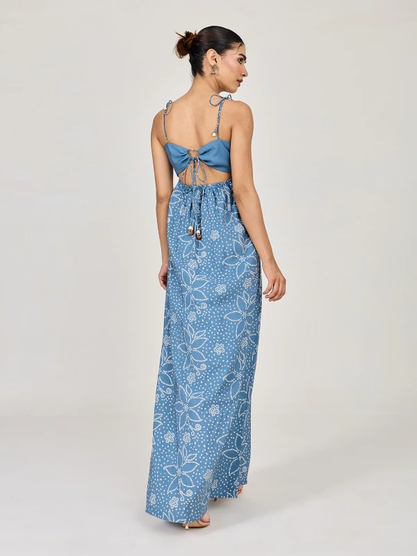 Blue Pin-Tuck Detail Straight-Cut Dress With Printed Panel 3