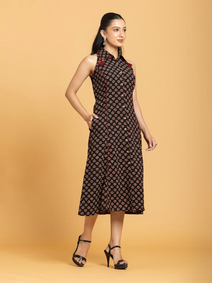 Black Ajrakh Printed Shirt Dress for Women