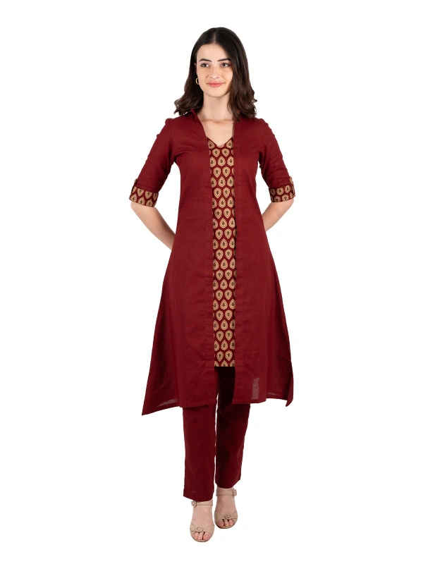 Maroon Printed Cotton A-Line Kurta 1