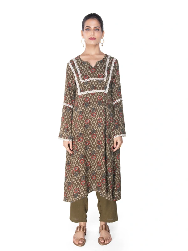 Green Ethnic Viscose Kurta Set With Lace Detail 1