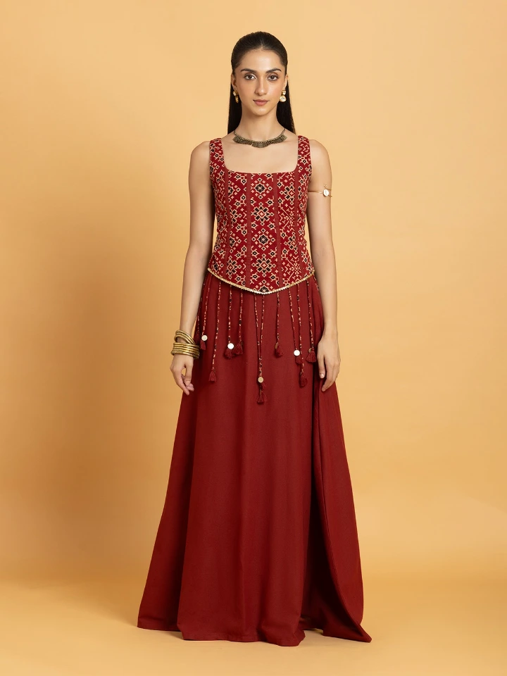 Maroon Printed Corset Top & A-Line Skirt Lehenga Set