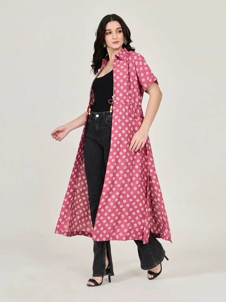 Pink Bandhani Printed Long Shrug