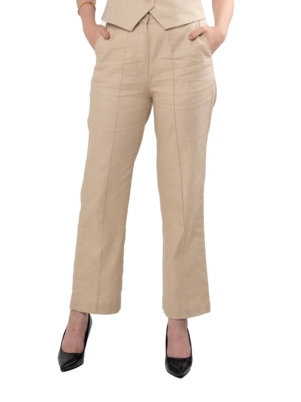Beige Linen Blend Straight Pants For Women 1