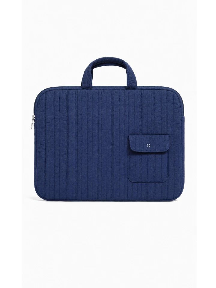 Navy Blue Textured Laptop Sleeve Bag With Utility Pocket for MacBook
