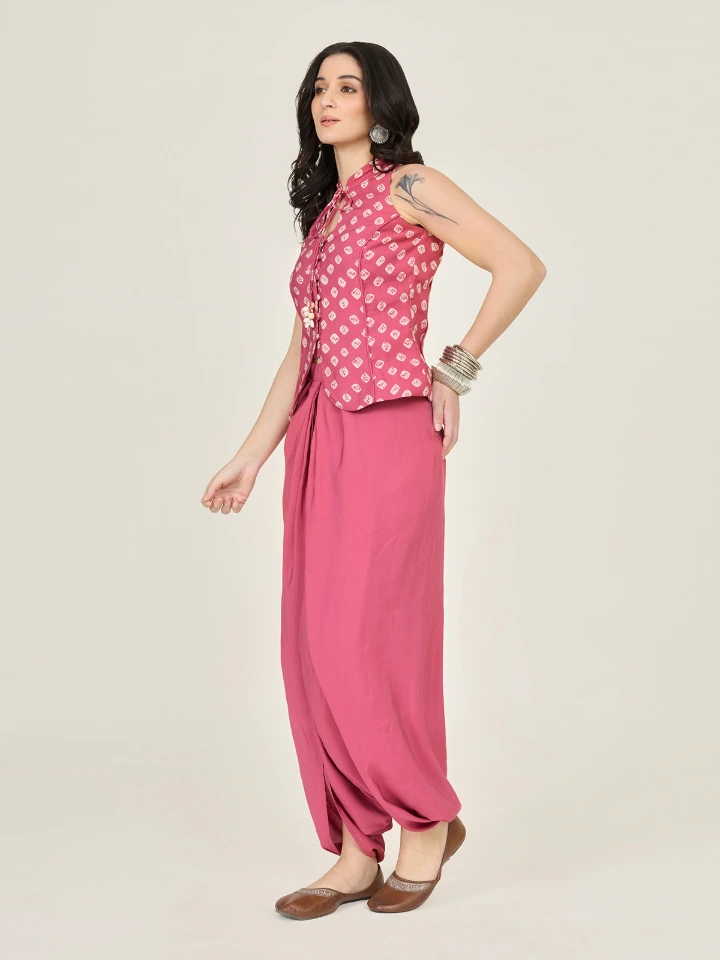 Pink Bandhani Printed Halter Top & Dhoti Pants Ethnic Co-ord Set