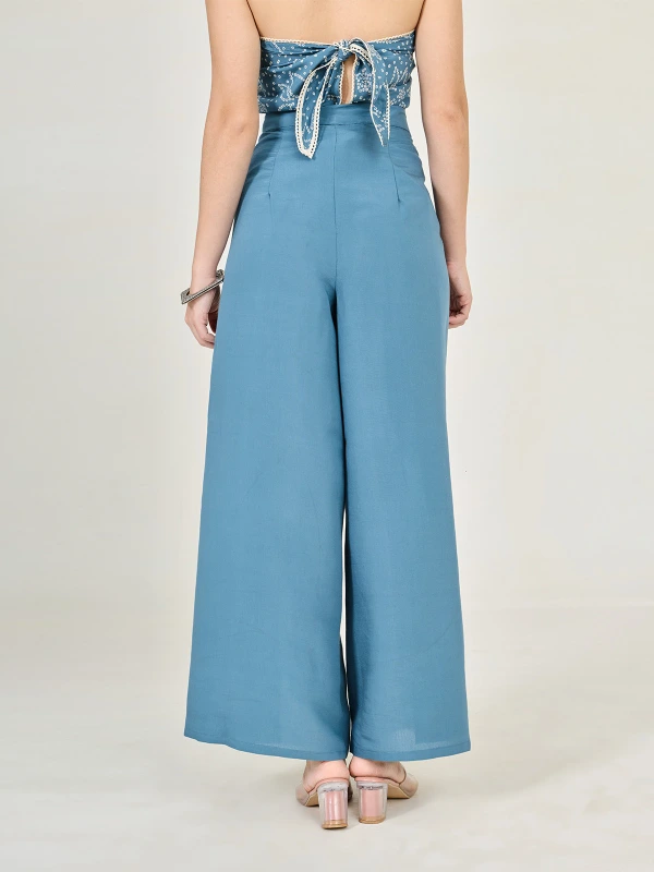 Blue Solid Front Tie Women's Wrap Pants 4
