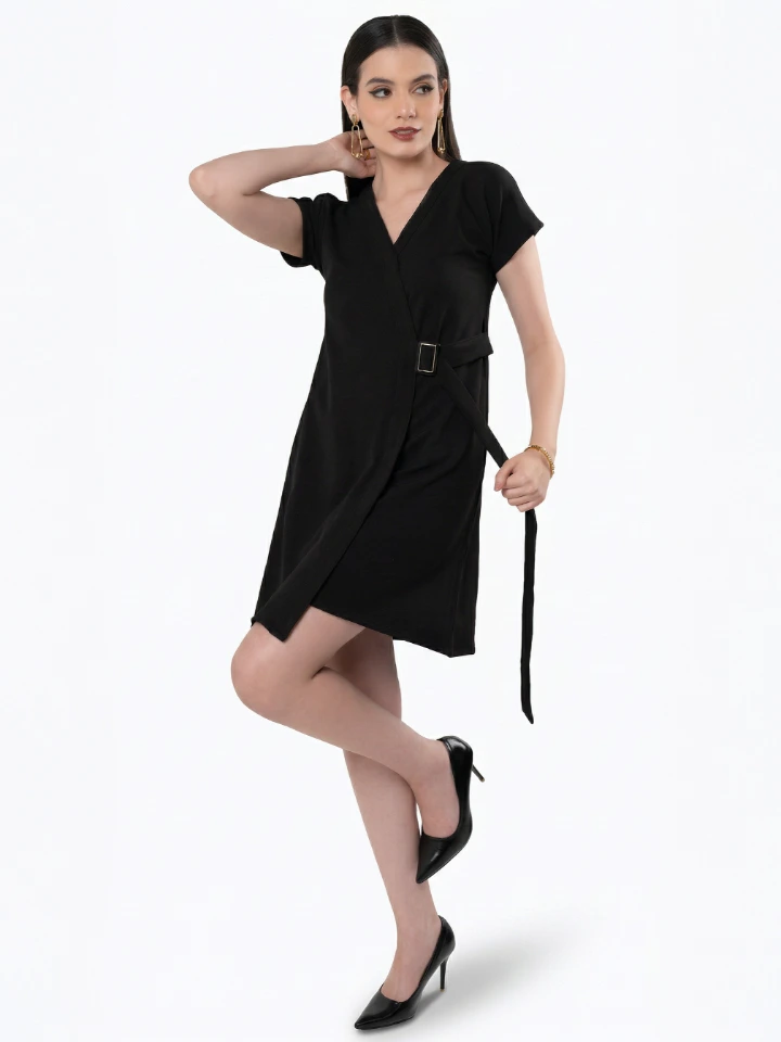 Black Cape Sleeve Dress With Paneled Belt Adjuster