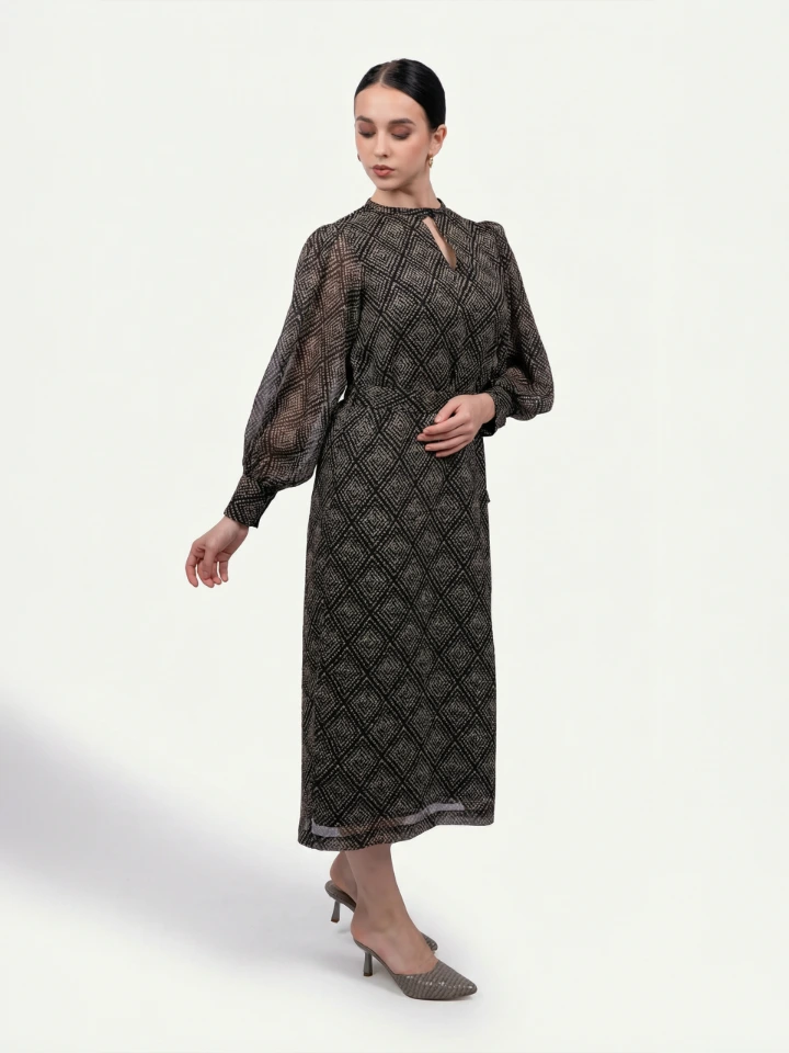 Black Formal Balloon Sleeve Long Straight-Fit Dress